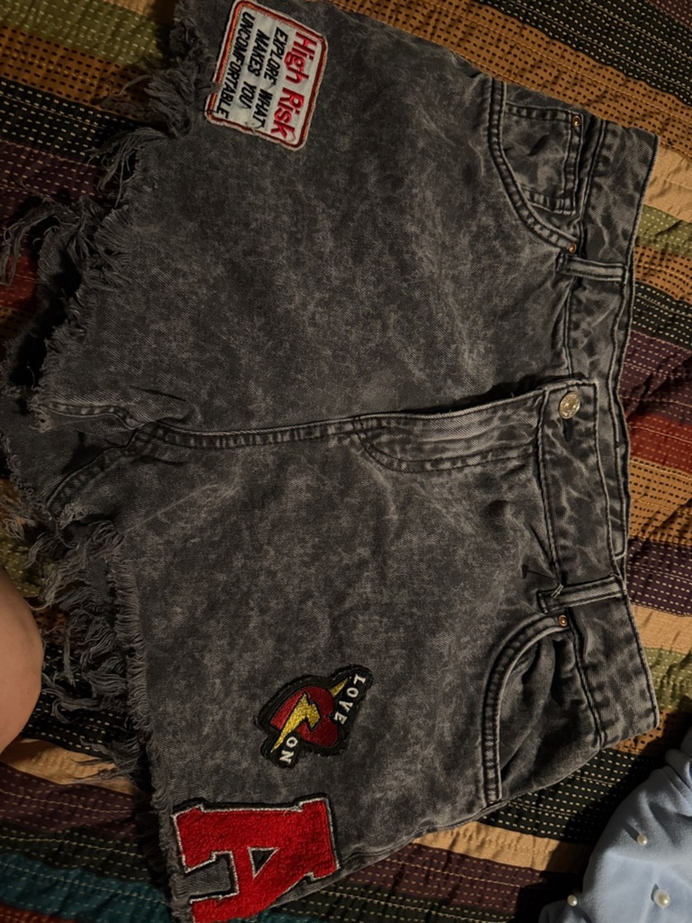 Bershka Black Acid-Wash Denim Patch Frayed Hem Shorts